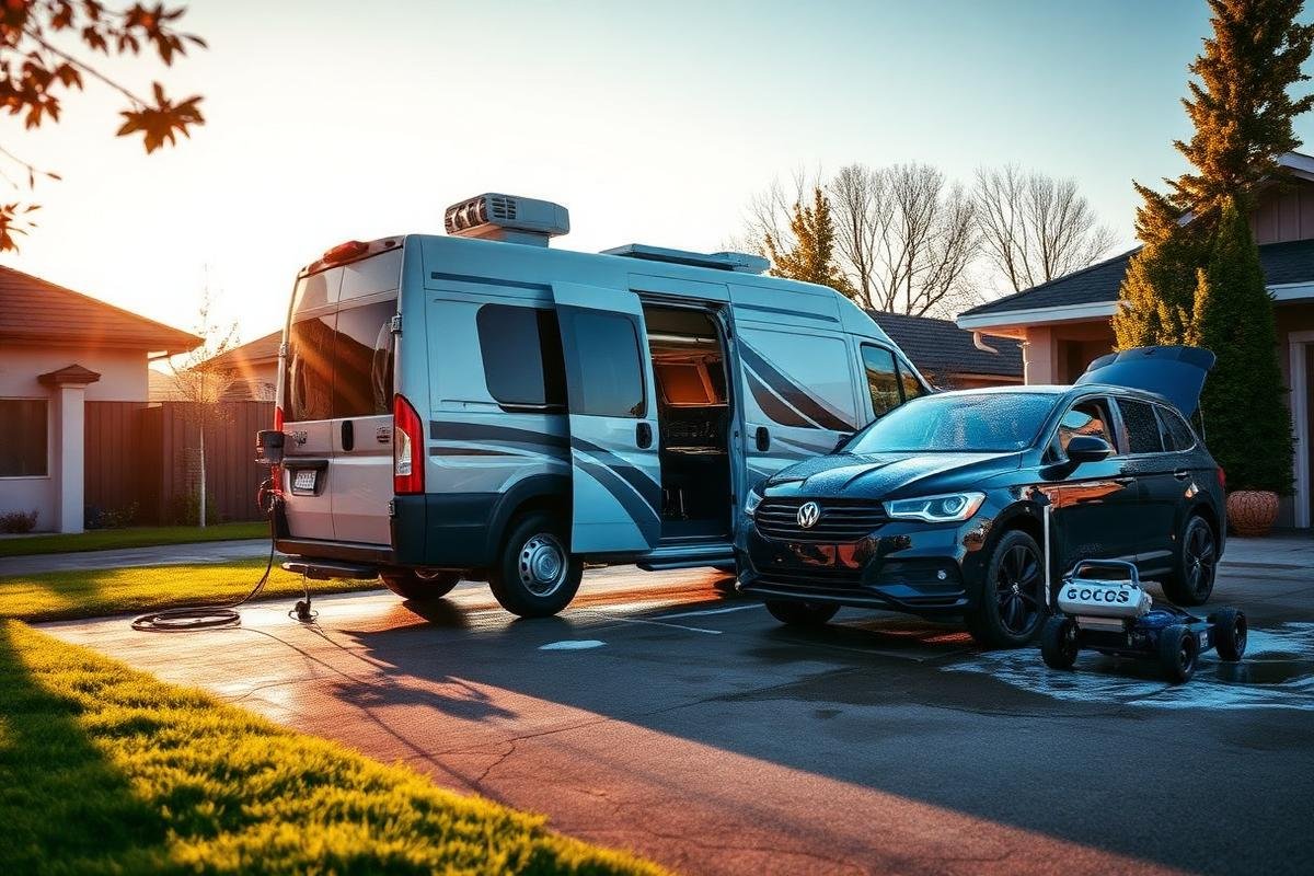 Mobile detailing van set up in a residential driveway